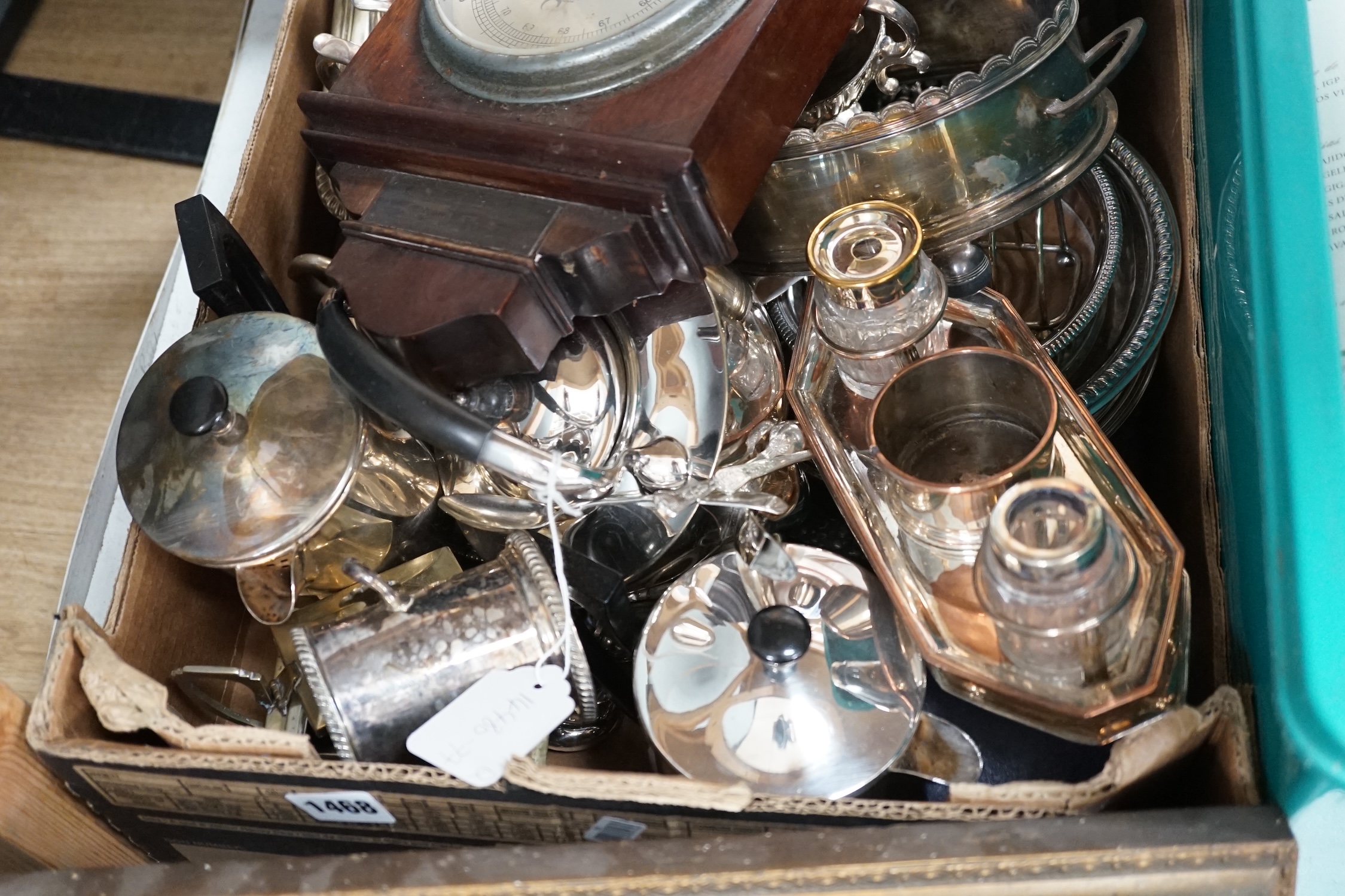 Assorted plated wares and a walnut aneroid barometer